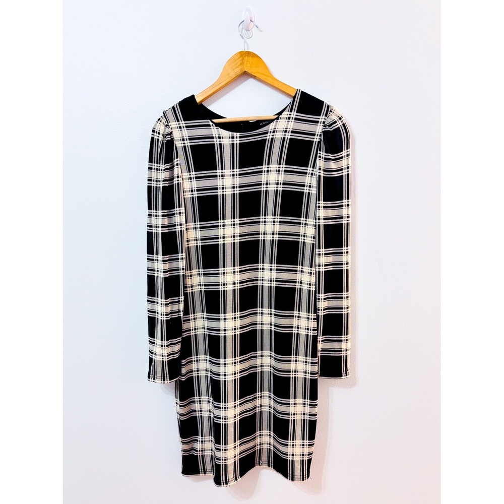 LE CHATEAU Black Plaid Tailored Fitted Midi Office Work Dress Medium